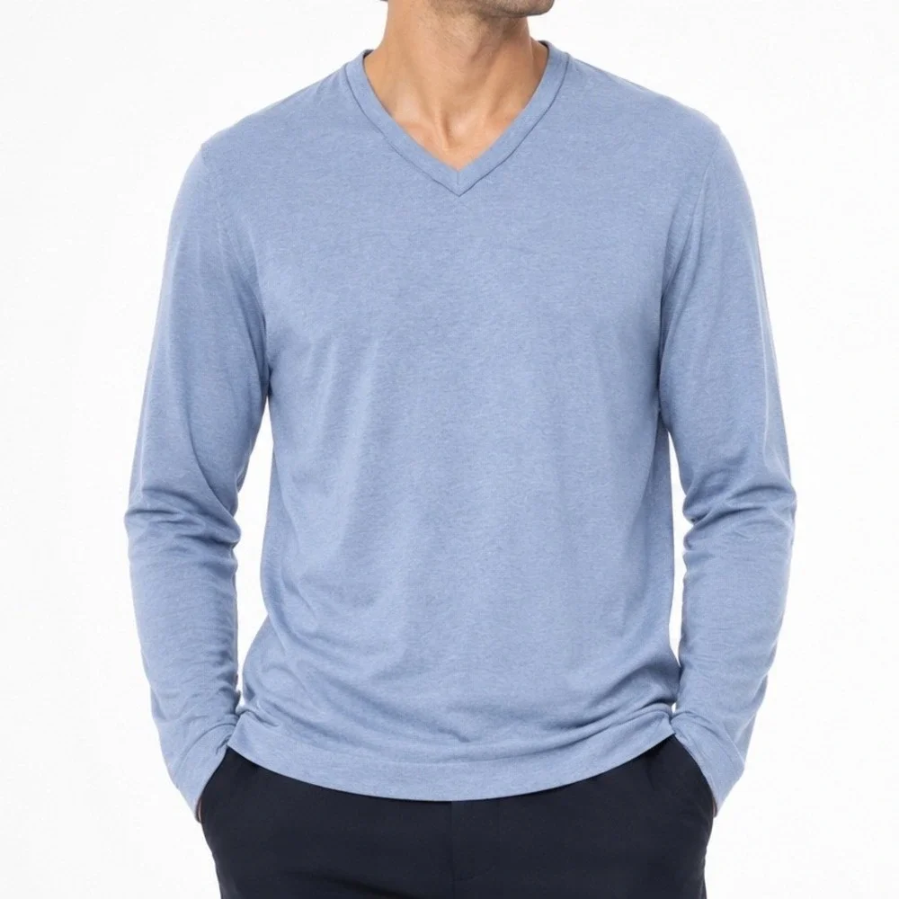 Banana Republic Sweater Mens L Blue Luxe Blend V Neck Cotton Linen Silk Pullover
